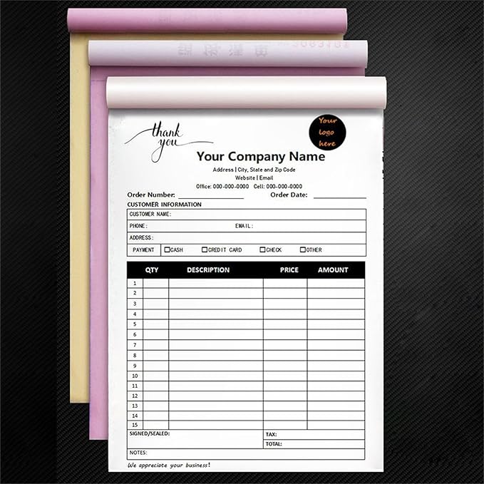 Custom Invoice Book in 3-Part /2-Part Receipt Book with Carbon Copies Personalized Carbonless Service Invoice Form Books Sales Order Book with Company Name Logo Address,C2-Thank You Receipt