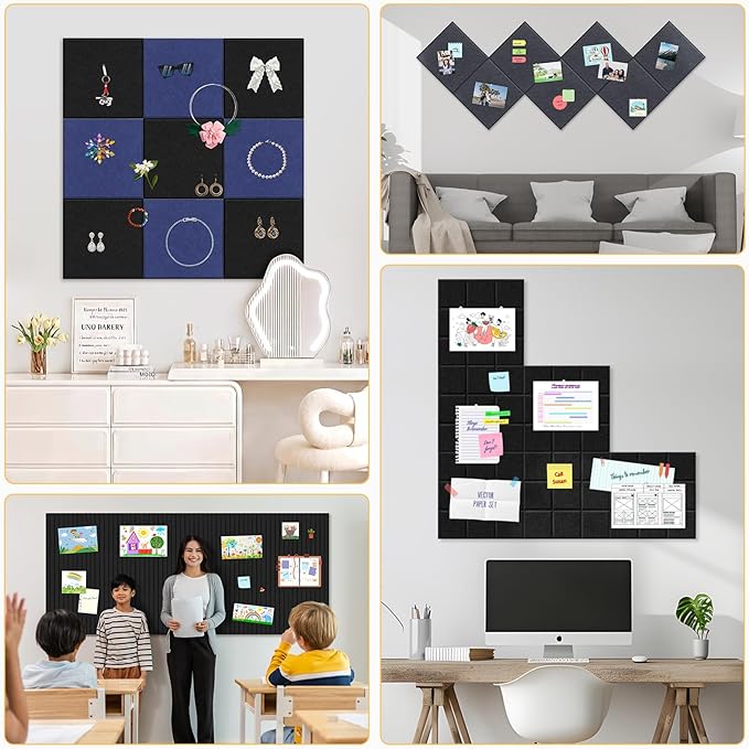 Smarpau Large Cork Board for Walls, 12 Pack Square Bulletin Board, 48"x36" Pin Board with Pushpins Removable Security Stickers, Felt Wall Tiles for Office Home Decoration-Geometric