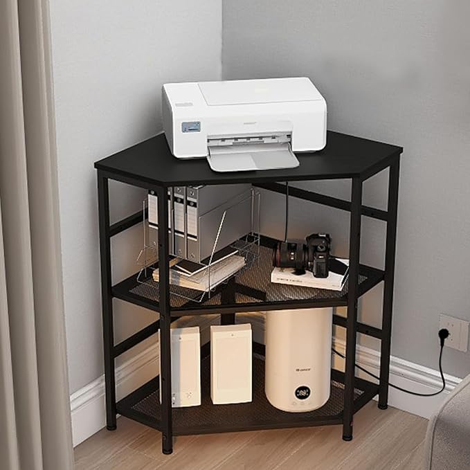 VEDECASA Corner Printer Stand Table with Power Outlet Charging Plugs USB Port Adjustable Storage Shelf Computer Tower CPU Stand Holder for Home Office (Black)