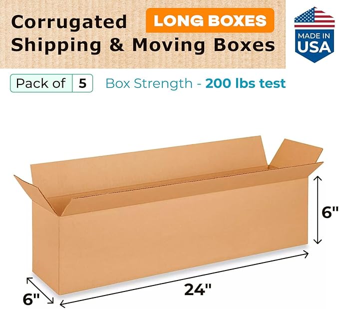 Long Moving & Shipping Boxes 24 x 6 x 6 inches (5-Pack) - Extra Strength 200 lb vs Regular - Corrugated Shipping Boxes for USPS/UPS/FEDEX - Long Moving Box - Box for Packaging by IDL Packaging