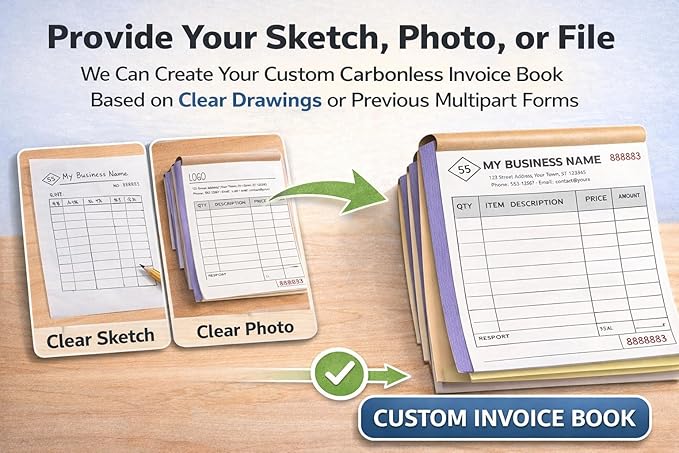 Custom Carbonless Invoice Book with Logo, Personalized Cover & Inner Pages, 2 Part NCR Receipt & Work Order Forms, Easy Tear, Writing Shield for Small Business (Upload Your Design, 8.3 x 5.5INCH)