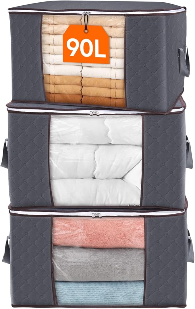 Lifewit 90L Large Storage Bags, Closet Organizers and Storage, Clothes Storage Bins with Lids, Foldable Storage Containers with Reinforced Handles for Clothing, Blanket, Bedding, Comforter 3 Pack Gray