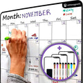 Large Dry-Erase Magnetic Monthly Calendar + Free Bonus: 3 Grocery/to-Do List Whiteboards (Organizer/Planner) for Kitchen Fridge - Full Set: 8 Markers + Eraser | Stain Free | Vertical