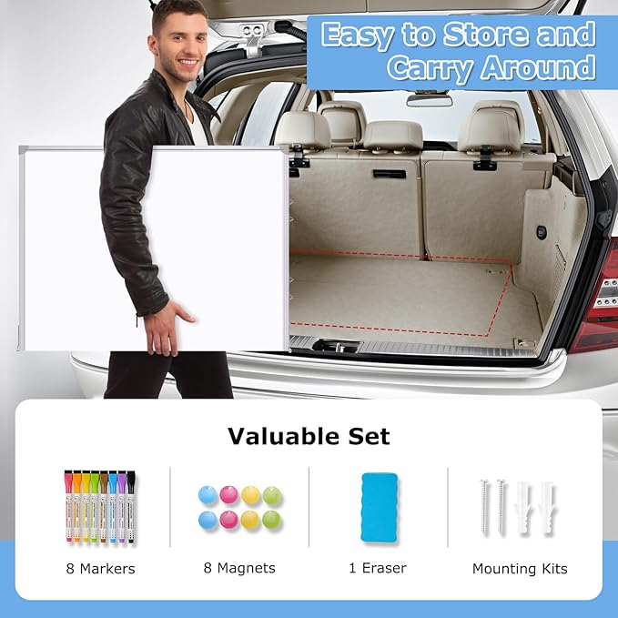 DOLLAR BOSS Large White Board 60 x 36 Inch Foldable Magnetic Whiteboard for Wall, Portable Double Sided Dry Erase Board, Aluminum Frame Message Board for School, Office, Classroom with Eraser, Markers