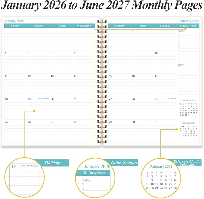 2026-2027 Planner - 18 Months Weekly & Monthly Planner from January 2026 - June 2027, Spiral Planners 2026-2027 with Elastic Closure, Inner Pocket, Medium 8.5" x 11", Teal Floral