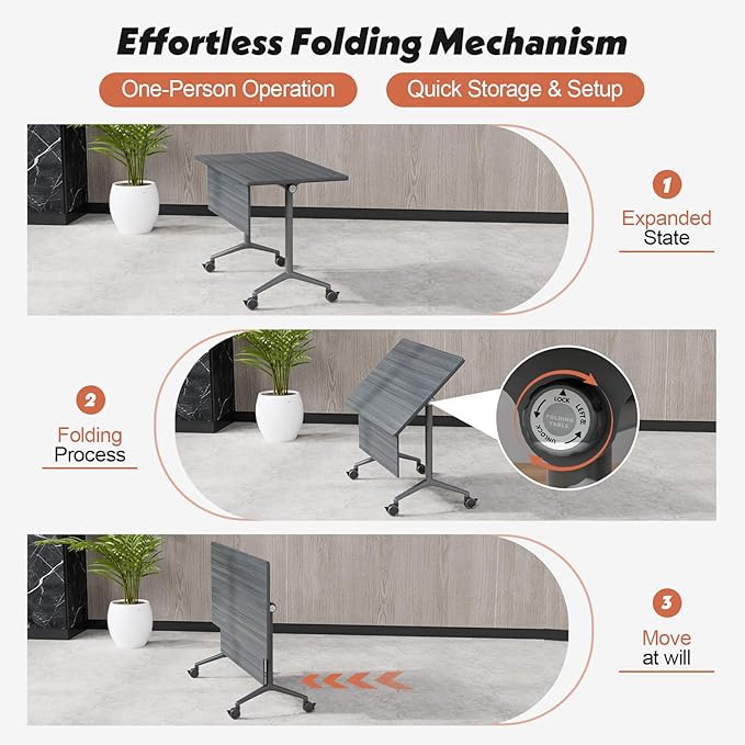 Goakwwuz Conference Room Table, Folding Conference Tables,Thicken Grey Tabletop,Flip Top Wooden Seminar Meeting Room Table for Conference Room Offices (10, BlackWoodGrain, 70.8”)