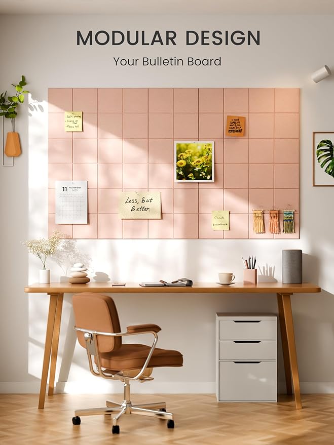 Bumusty Large Cork Board Alternative-47 x35 Felt Bulletin Board Tiles, with 30 Pushpins, 70 Adhesive Tabs, 12-Pack Slat Wall Paneling, Cork Boards for Office Push Pin Board Felt Board-Pink
