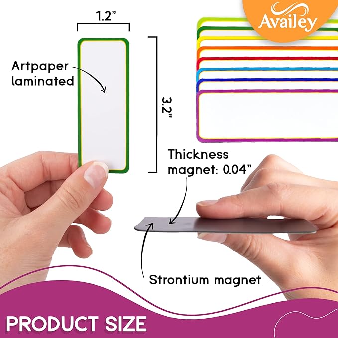 Availey 48 Pieces (3.2 x 1.2) - Colored Border Magnetic Dry Erase Labels - Reusable Strips for Classroom Home Office Garage Refrigerator Blank Writable Erasable Cards Name Tags Students Locker Shelf