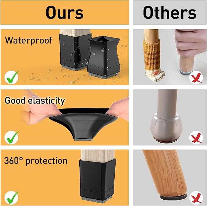 Square Chair Leg Protectors for Hardwood, 16Pcs Silicone Chair Legs Caps to Prevent Floor from Scratches and Reduce Noise, Easy to Move(1.25 Inch Black).