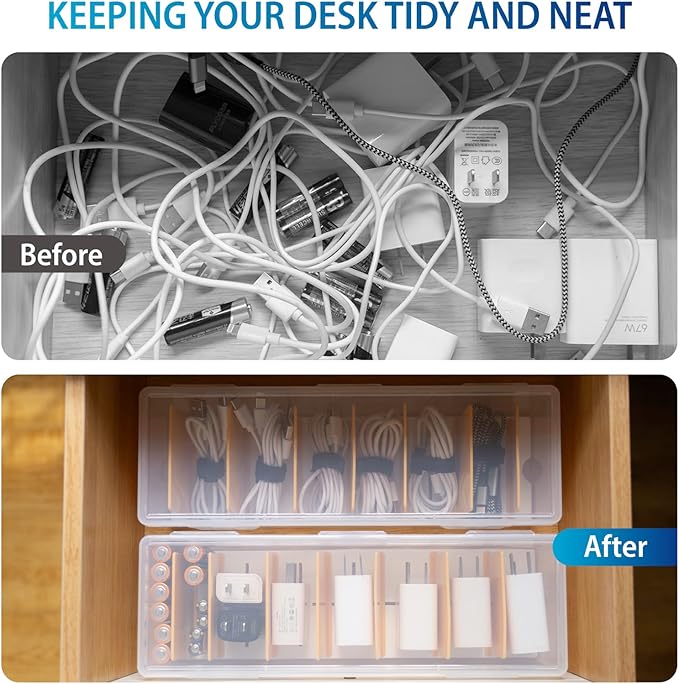Fzooua 2 Pack Cable Organizer Storage Box with 16 Cable Ties, Clear Phone Charger Organizer Case Wire Organizers for Cords Electronic Storage Box for Drawer Desk Office Home