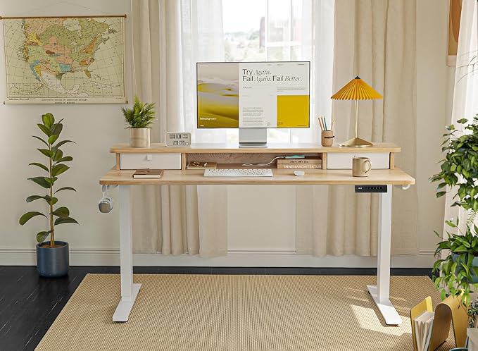 FEZIBO 63 x 28 Inch Deeper Height Adjustable Electric Standing Desk with Double Drawers, Sit Stand Up, Home Office Computer Desk with 4 Height-Adjustable Feets & 2 Hooks, White Frame/Maple Top