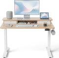 FEZIBO 40 x 24 Inch Height Adjustable Electric Standing Desk with Double Drawer, Stand up Home Office Computer Desk with 4 Height-Adjustable Feets & 2 Hooks, Maple