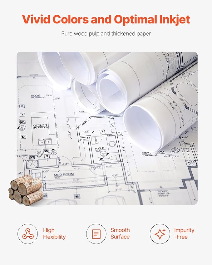 VEVOR Wide Format Paper, 24 in x 300 ft Plotter Roll, 2 Rolls CAD Bond Rolls with 2 in Core, 20 LB Bond Paper Rolls, Ideal for CAD Drawings, Engineering Plans, GIS Maps, and Architectural Designs