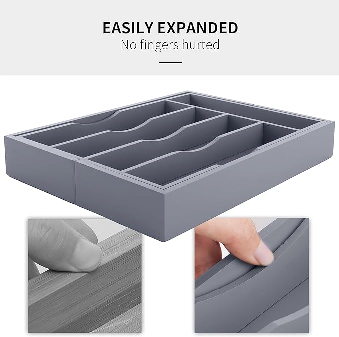 oridom Expandable Bamboo Kitchen Drawer Organizer for Cutlery and Utensils, Adjustable Bamboo Wood Cutlery Tray in Drawer for Flatware and Silverware in Kitchen, (Grey)