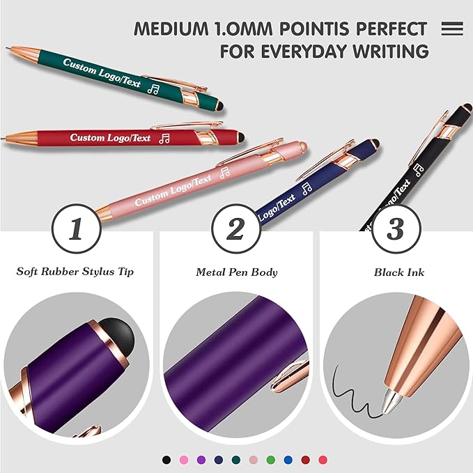 CRME Ballpoint Pen 2-in-1 Stylus Bulk Custom Pens Personalized Engraved Metal Pens with Name Soft Grip Ball Point Pen for Men Women Teacher Essentials Office Supplies Party Note-Taking Black
