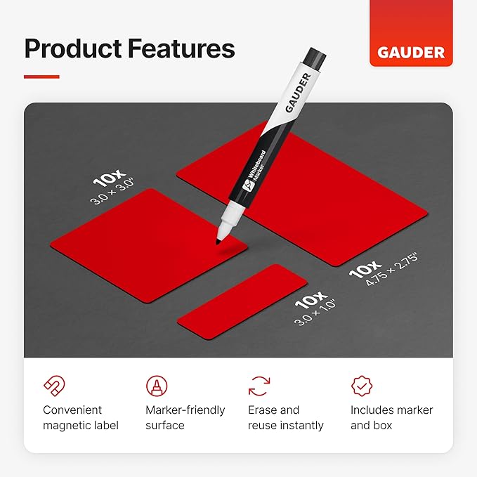 GAUDER Magnetic Labels Writable - Reusable Magnet Tags for Whiteboard, Chalkboard, Kanban Board and Refrigerator - Magnet Cards with Marker (30 Pack - 3 Sizes)