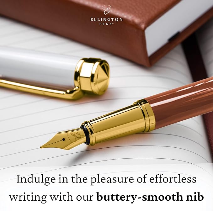 Ellington Pens Luxury Fountain Pen Set - Smooth Fine Nib - Includes 3 Ink Cartridges, Refillable Ink Converter, Gift Box - Fountain Pens For Writing, Calligraphy, Journaling, Sketching (Ivory Suede)