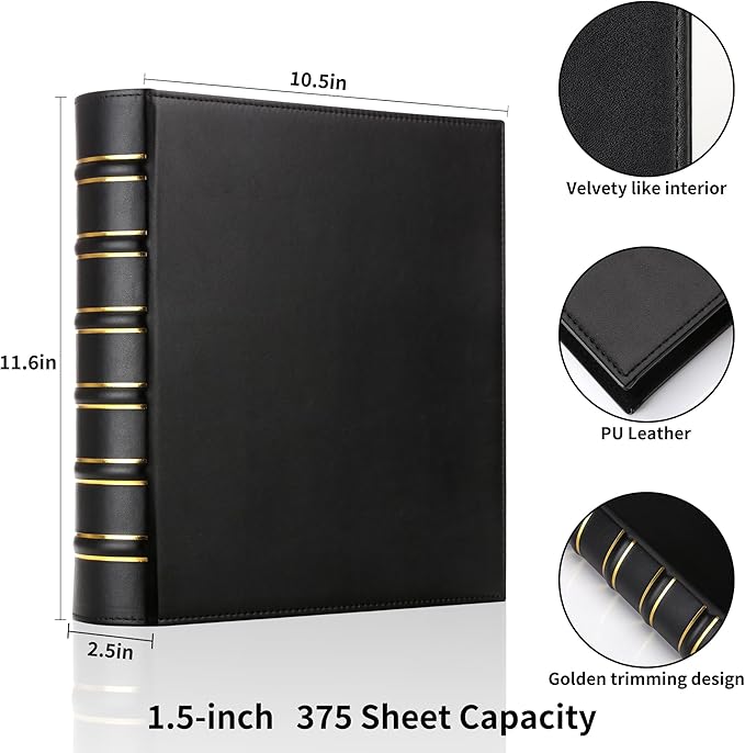 LETVPVOW 2 Pcs Vintage Hardback 3 Ring Binder 1.5 Inch, Professional Leather Binder 3 Ring, Three Ring Binders Fits 8.5 x 11, D Ring Binders for Home, School and Office- (1 Black and 1 Dark Green)