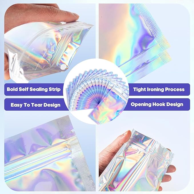 100Pcs Holographic Packaging Bags, 4.7x7 inch Resealable Foil Pouch Mylar Sample Bag Great for Small Business and Party
