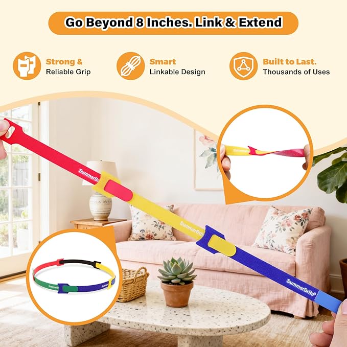 SummerBrite 70 Pack Assorted Cable Ties (4, 6, 8 Inch) Multi-Color with Writable Labels, Reusable Cord Organizer Straps, Hook & Loop Wire Management for Electronics, Home Office, PC Desk & Travel