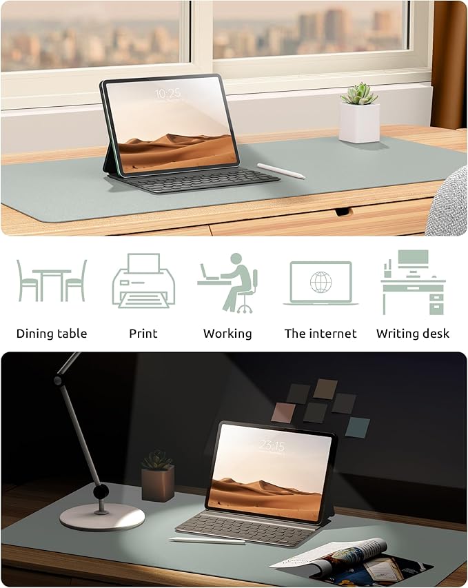 YSAGi Leather Desk Protector, Office Mat, Large Mouse Mat, Non-Slip PU Leather Blotter, Laptop Pad, Waterproof Writing Pad for Office and Home (Grayish Green, 23.6" x 13.8")