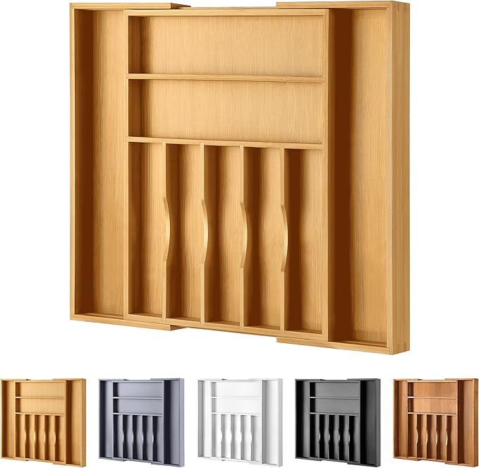 oridom Large Premium Bamboo Silverware Organizer - Expandable Drawer Organizer & Utensil Organizer - 17"x19.7" Cutlery Tray with Dividers for Kitchen Utensils and Flatware (7-9 Slots) (Natural)