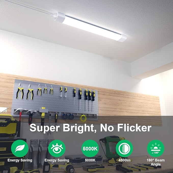 Modlicht Plug in Light Fixture, 4FT Linkable 5000K Plug-in Ceiling Lights for Shop Garage, LED Tube Light for Closet, Cabinet, Workbench, Kitchen, Office, Bathroom, Triproof, 36W