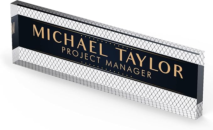 Artblox Personalized Office Desk Name Plate With Business Card Holder | Clear Acrylic Glass with Teak Wood Stand | Net Shape Design Customized with Your Name and Credentials Office Desk Décor
