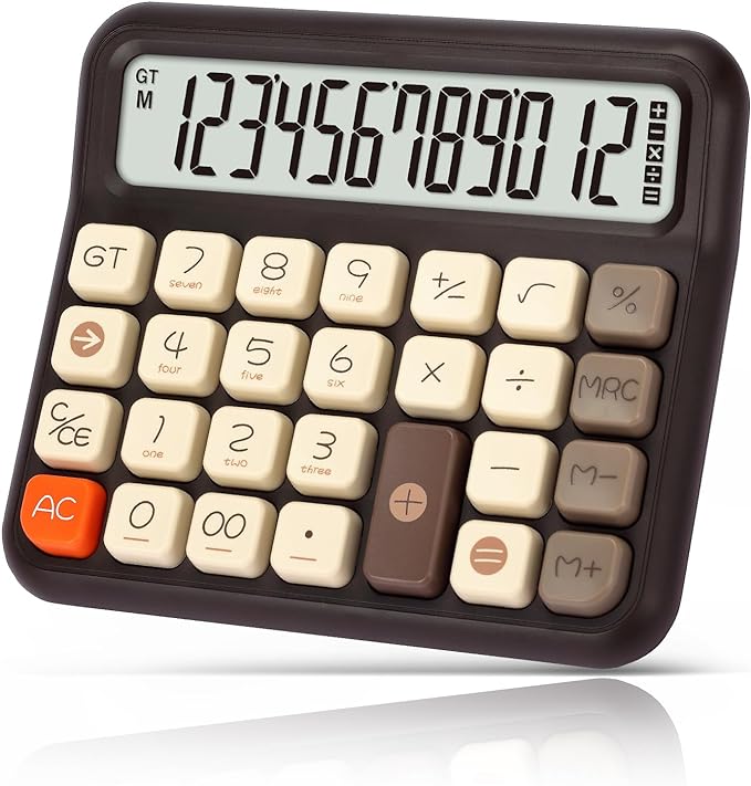 Pendancy Desk Calculator 12 Digit, Retro Cute Basic Calculator with Extra Large LCD Display and Buttons, for Office, School, Home Use