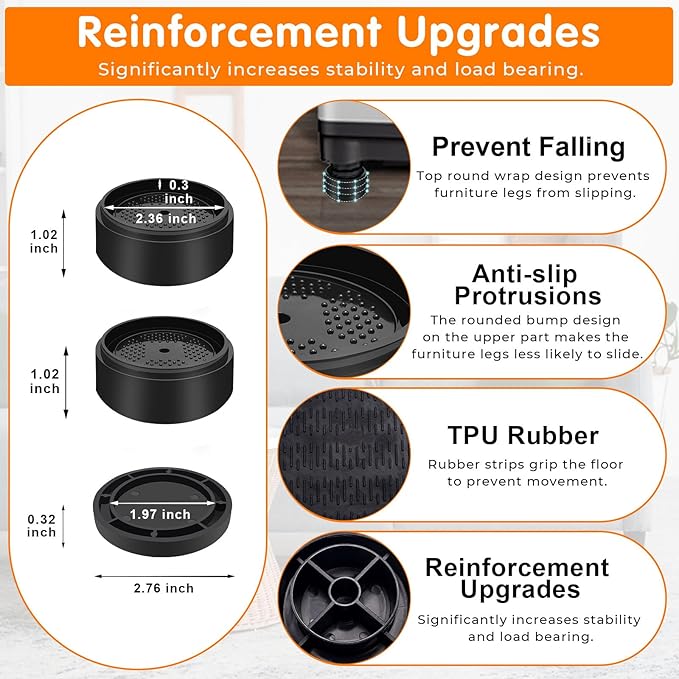 Furniture Risers Bed Risers Heavy Duty 1 inch, 2 inch, 3 inch, 4 inch Round Adjustable Bed Lifts Riser for Desk Legs Table Couch Sofa Chair Refrigerator Washing Machine (1+1 Inch, Black, 4 Pack )