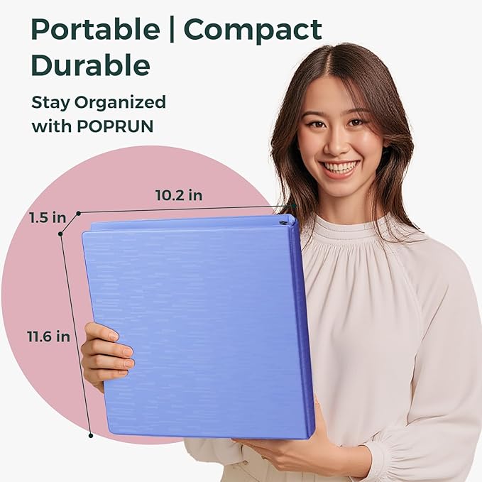 POPRUN 3 Ring Binder 1 Inch, PVC-Free, Holds 175 Sheets of 8.5 x 11 Paper, Extra Durable Organizer with 2 Pockets for School & Office, Heavy-Duty, 2 Pack, Prussian Blue