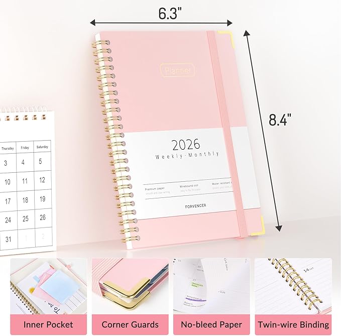 Forvencer 2026 Planner, Hardcover Calendar Planner Weekly and Monthly, Jan 2026 - Dec 2026, 6" x 8", Spiral Agenda Book with Tabs, Exquisite Daily Journal Organizer for Home School, Olive Green
