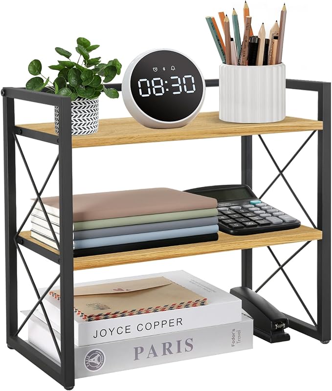 YINMIT Desktop Shelf Organizer, 2 Tier Office Shelves, Wood Desk Organizer Storage Rack and Freestanding Display Shelf for Office, Dormitory, Home (Black Wood)