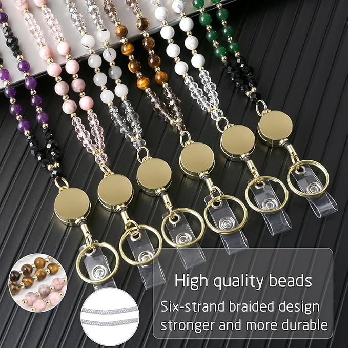 AIDSOTOU Lanyards for ID Badges and Keys,Natural Stone Beaded Teacher Lanyard for Women,Retractable Lanyard with ID Holder Cute Lanyards for Teachers (Brown)