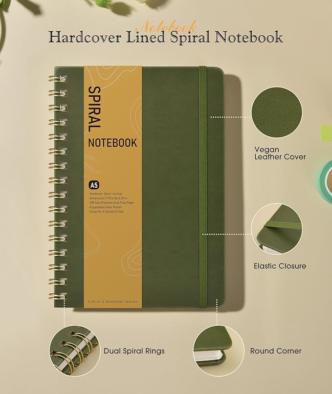 Dotted Spiral Journal Notebook, A5 Hardcover Spiral Journals for Women Men, 100 GSM Dot Grid Paper Notebooks, 150 Pages Spiral Bullet Dotted Notebook for Writing Note Taking 5.75" x 8.38" Olive Green