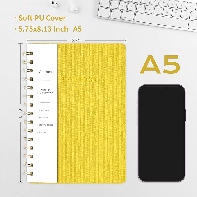 Spiral Notebook-5.75" x 8.125" College Ruled Journal with Inner Pockets and 160 Pages,PU Leather Cover Business Journal, Twin-Wire Binding Notebook Perfect for Office & Home School Supplies 3 pack NavyBlue/Yellow/MintGreen