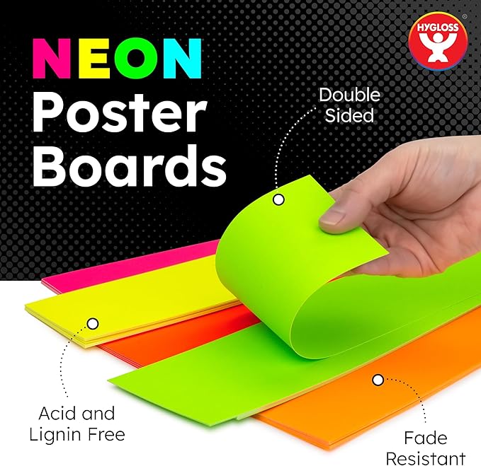 Hygloss Small Poster Board 4x11 - 100 Assorted Neon Color Poster Boards Bulk Pack - 10 Pt. Thickness Colored Poster Board Paper for Projects, Flash Cards, Signs - Posterboard Multipack 4" x 11"