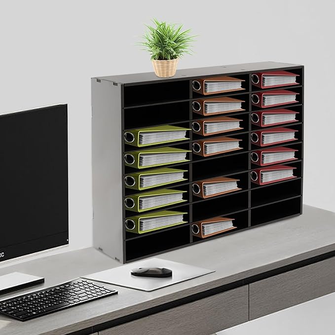 24 Slots Mail Sorters for Office, Desktop Literature Organizer with Removable Shelves, PVC Mail Center Paper Storage Cabinet for Files Magazines Documents, 9 * 2.6in Each Slot (24 Slots - Black)
