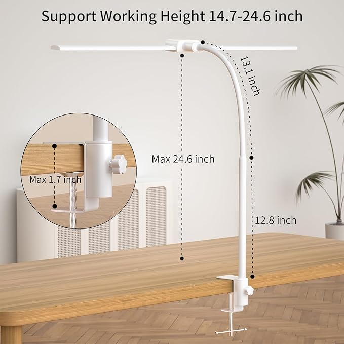 KableRika Desk lamp,Double Head LED Desk Lamp with Clamp,Architect Desk Lights for Home Office,Eye-Caring Desktop Office Lamp 4-Brightness 4-Color Table Lamp for Monitor Workbench Reading White