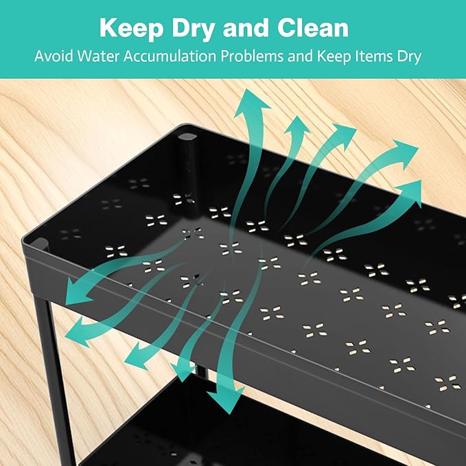 APWNRJA Under Sink Organizers 2 Pack, Pull-Out Sliding Cabinet Organizer with 2-Tier Storage Shelf & 4 Hooks, Multi-Purpose for Kitchen & Bathroom (13 Inch, Black)