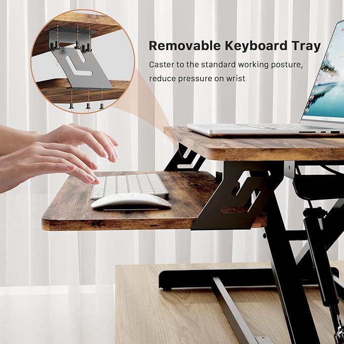 JOY worker Standing Desk Converter, 32" Wide Height Adjustable Sit Stand Up Desk Riser with Keyboard Tray, Desktop Workstation Riser for Home Office Computer Laptop, Particle Board, Rustic
