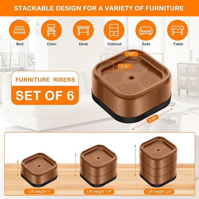shouwuhho 6 Pack Furniture Risers Adjustable Bed Risers Heavy Duty Lifts Height 1", Square Stackable Bed Risers 1, 2 or 3 Inch for Desk Leg Table Couch Sofa Chair Bed Frame Legs Dorm, Brown