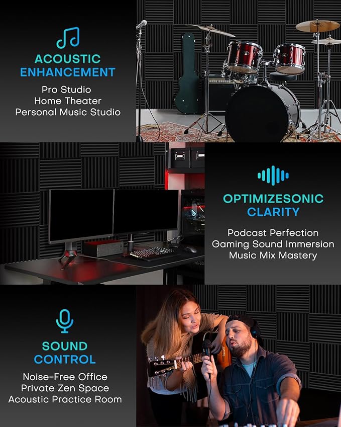 48 Pack Sound Proof Foam Panels for Walls with Self Adhesive, 12x12x1 Acoustic Foam Panels, High Density Acoustic Panels Sound Absorbing, Fire Resistant Studio Sound Proofing White