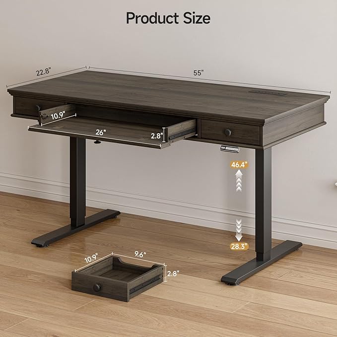 ONBRILL Standing Desk with Drawers, 55 x 23 Inch Electric Height Adjustable Desk with Storage & Outlets, for Computer Workstation, Home Office, Retro Curved Table Corner Design, Dark Walnut