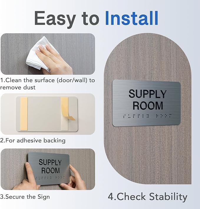 JANITOR CLOSET Signs with Raised Text & Grade 2 Braille, Brushed Aluminum/Silver Finish Easy Install with Double-Sided Tape, ADA Compliant Break Room Door Sign for Businesses & Offices