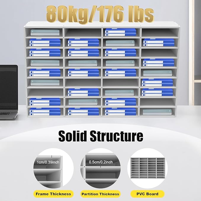 36 Slots Mail Sorters for Office, PVC Literature Organizer with Removable Shelves, Door-Less Mail Center Paper Storage Cabinet for Files Magazines Documents, 9.3 * 2.4in Each Slot (36 Slots - White)