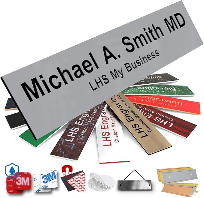 Door Name Plate Personalized for Office Gray Plastic Name Plate Black Letters - Made in USA 2x12 B8