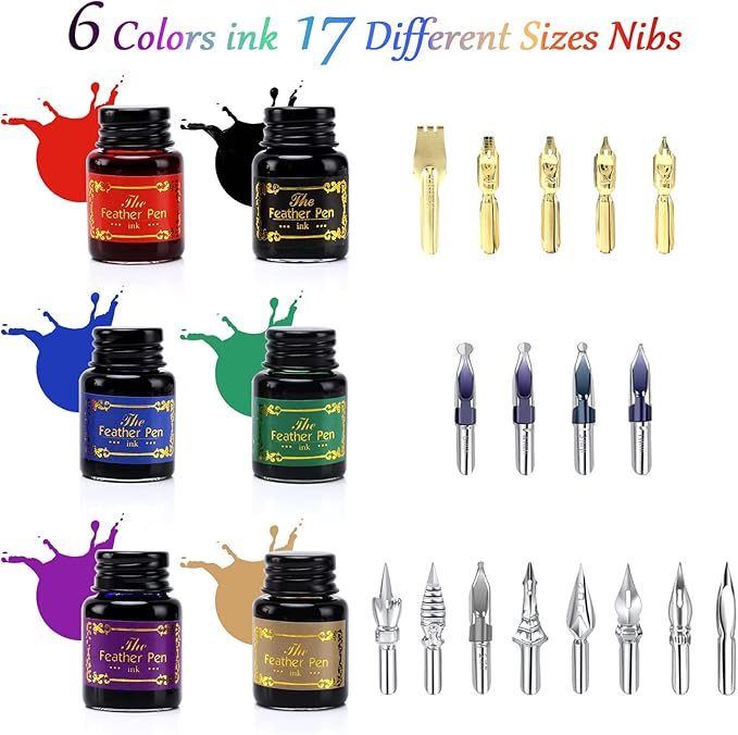 Junhartt Quill Feather Pen and Ink Set, Calligraphy Pen Glass Dip Pen and Wax Seal Stamp Kit (Navy Blue)