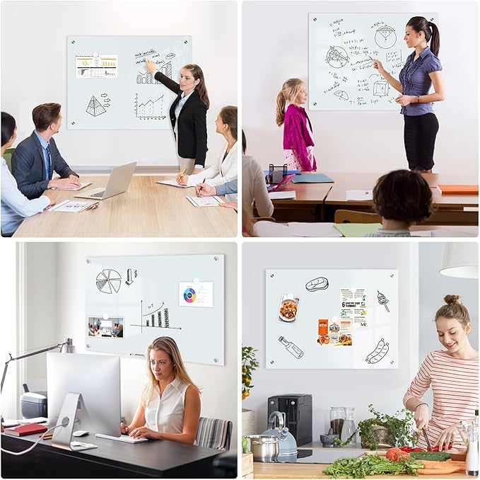 Magnetic Glass Whiteboard, 8' x 4' Glass Dry Erase Board for Wall, 96" x 48" Large Frameless White Board with 1 Marker Tray and 10 Magnets for Office, Home, Classroom - Normal White