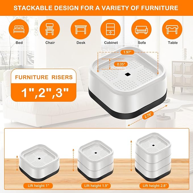 shouwuhho 6 Pack Furniture Risers Adjustable Bed Risers Heavy Duty Lifts Height 1", Square Stackable Bed Risers 1, 2 or 3 Inch for Desk Leg Table Couch Sofa Chair Bed Frame Legs Dorm, White